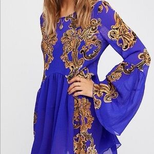 Free People Bell Sleeve Swing Dress in royal blue color